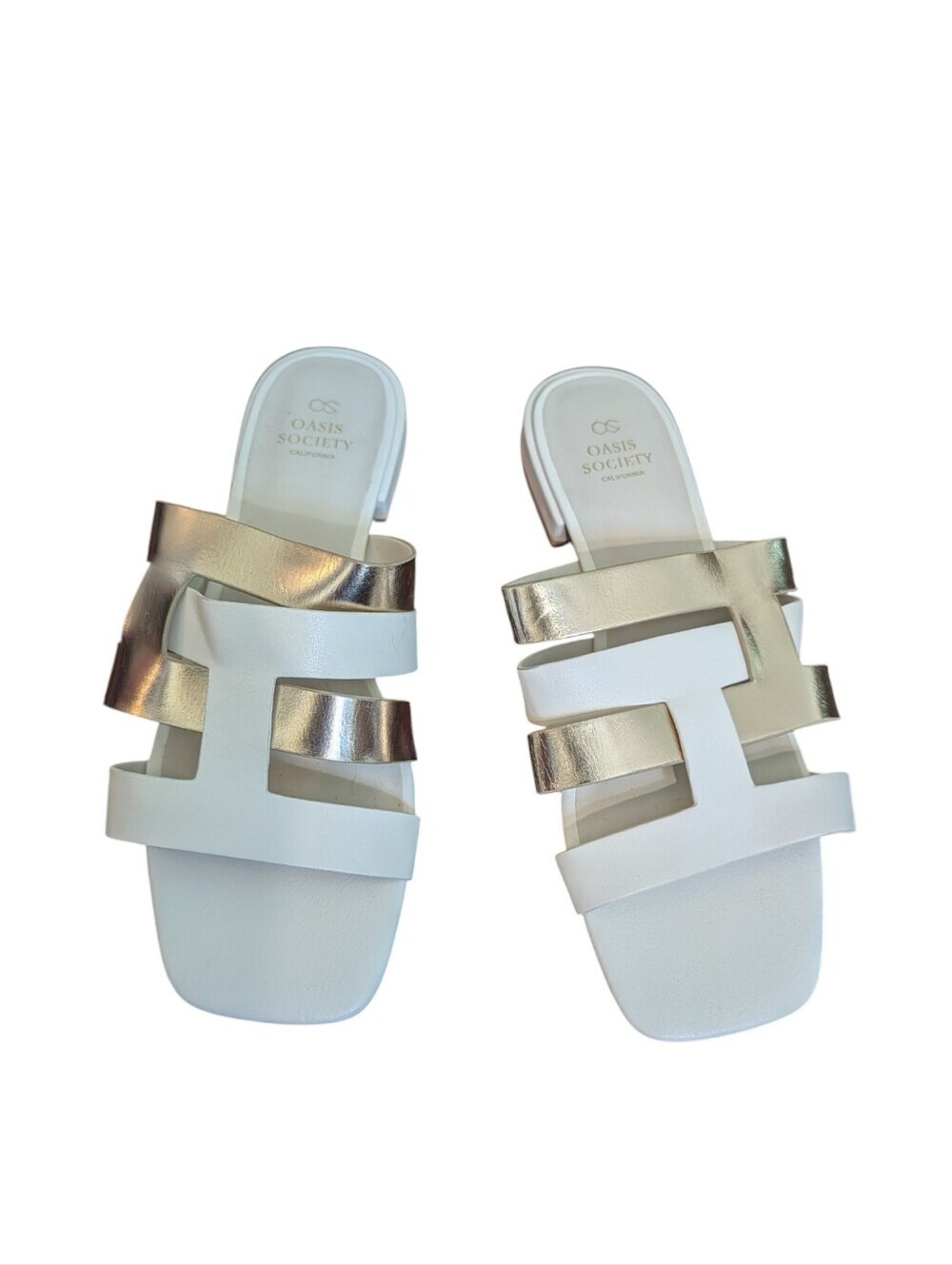 Oasis Society California White & Gold Slide Sandals Women's Size 10 Metallic - Picture 2 of 9